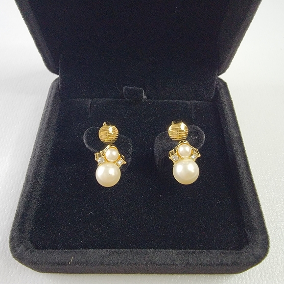 CHRISTIAN DIOR Pearl Rhinestone Gold Tone Clip Earrings - Picture 1 of 9
